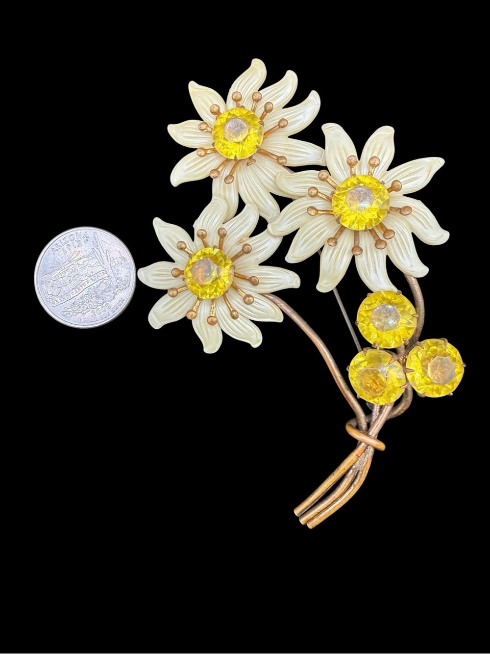 Vintage Yellow Crystal & Cream Enamel Floral Brooch - Picture 3 of 5